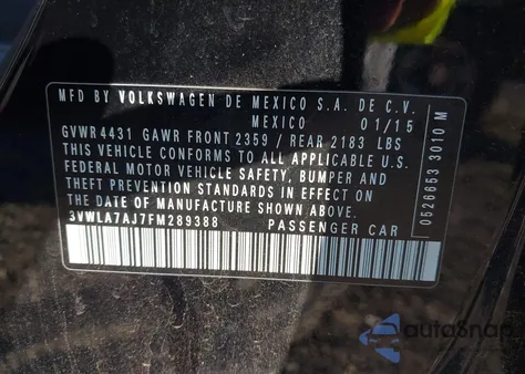 2015 Volkswagen Jetta 2.0L Tdi S z USA, uszkodzony, nr VIN 3VWLA7AJ7FM289388